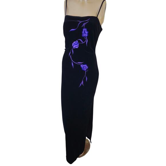Vtg 90s Stretch Velvet Long Black Purple Whimsigoth Goth Moody Evening Dress 10 - Picture 1 of 14